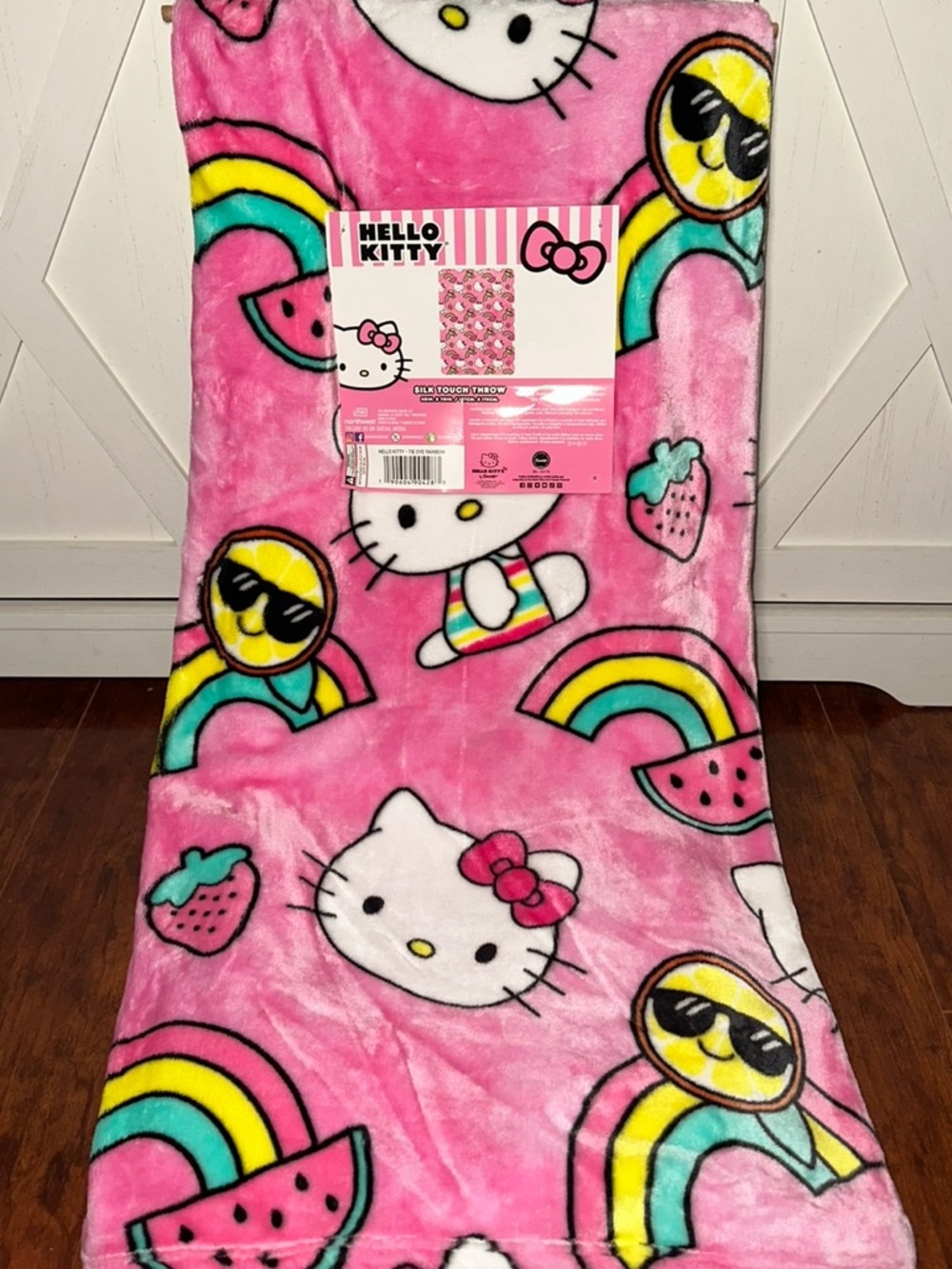 Hello Kitty Pink Rainbow & Fruit Plush Throw Blanket